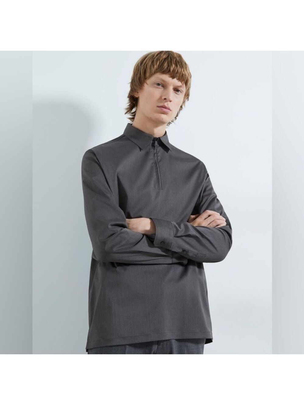Zara Regular Fit Long Sleeve Pullover 1/4 Zip Grey Shirt, size S